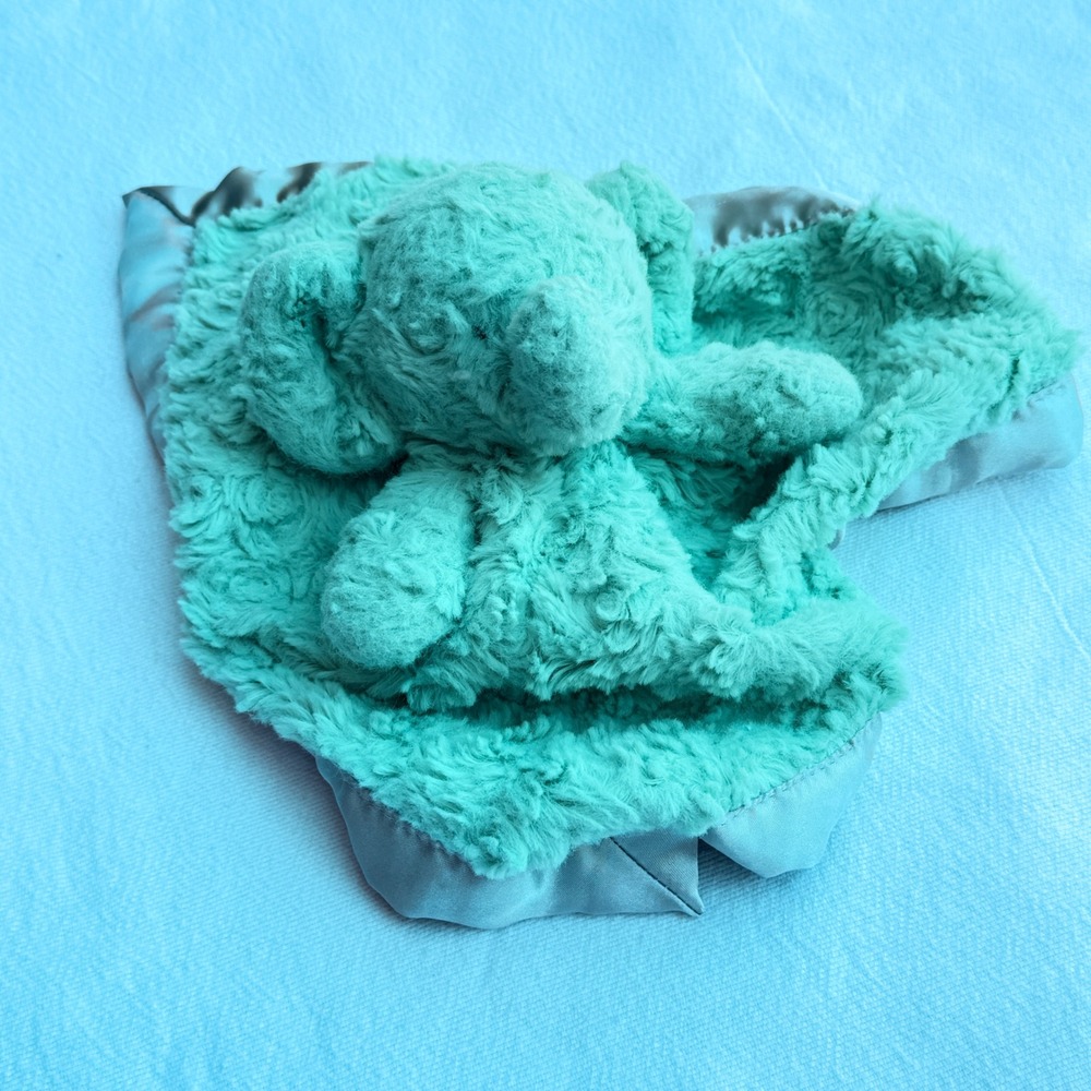 Elephant Baby Security Blanket Lovey Aqua Blue Plush Rosebud Satin Trim 14x14 - Picture 6 of 9